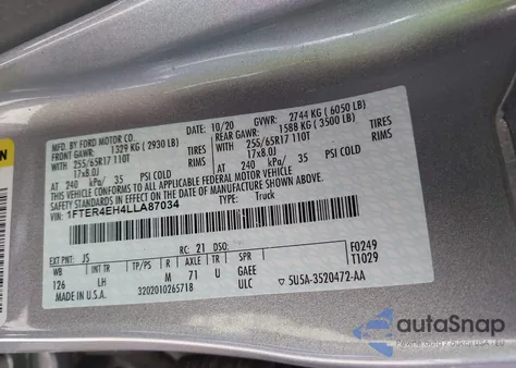 2020 Ford Ranger Xlt из США, поврежденный, VIN 1FTER4EH4LLA87034